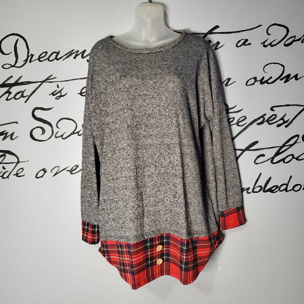 Egs California Charcoal Terry & Red Plaid Layered Long Sleeve Pullover Tunic